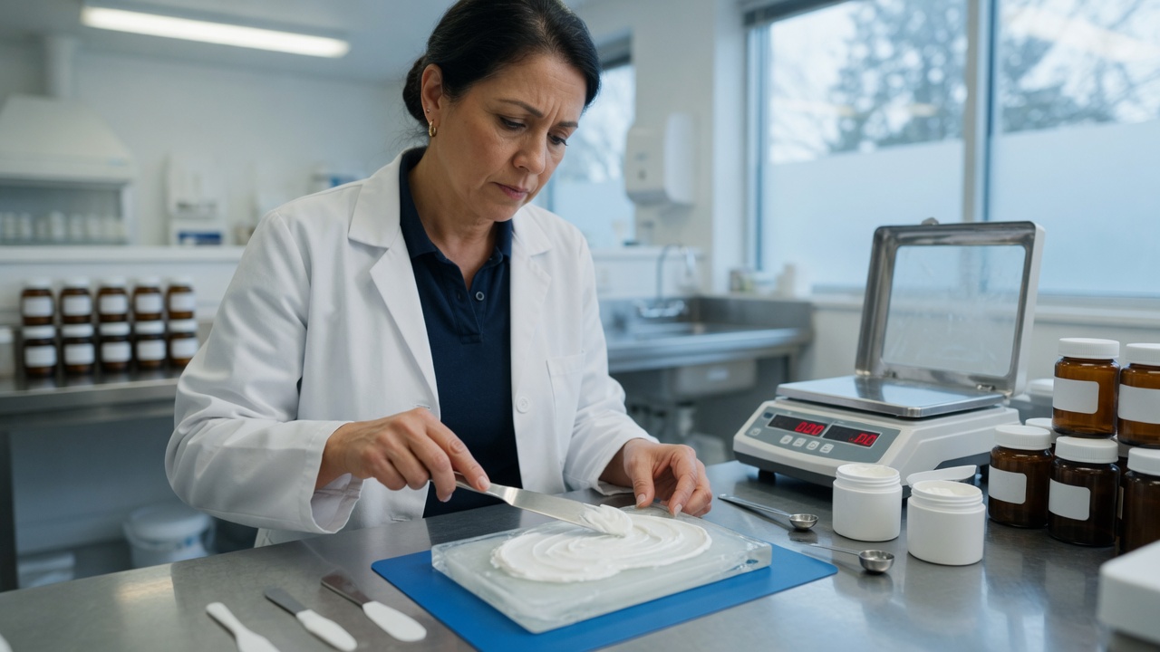 Pharmacist compounding a topical anti-inflammatory cream