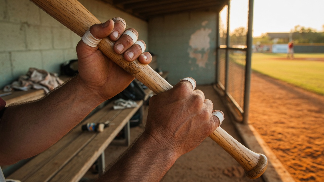 Baseball player hands gripping a bat