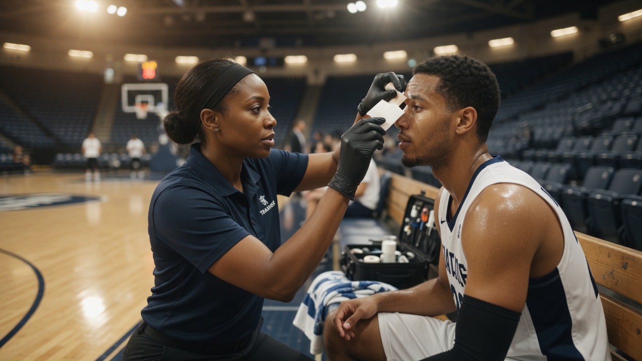 Athletic trainer treating a basketball player