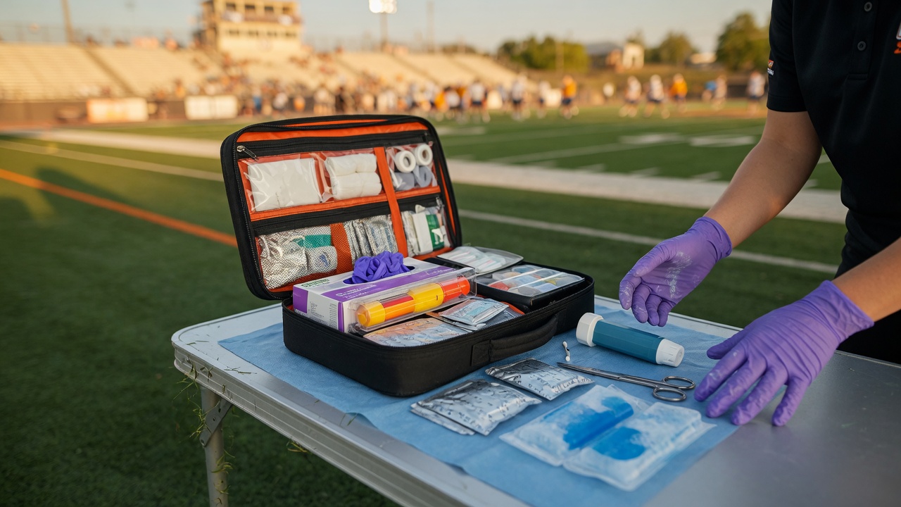 Athletic trainer with a Penthrox green whistle