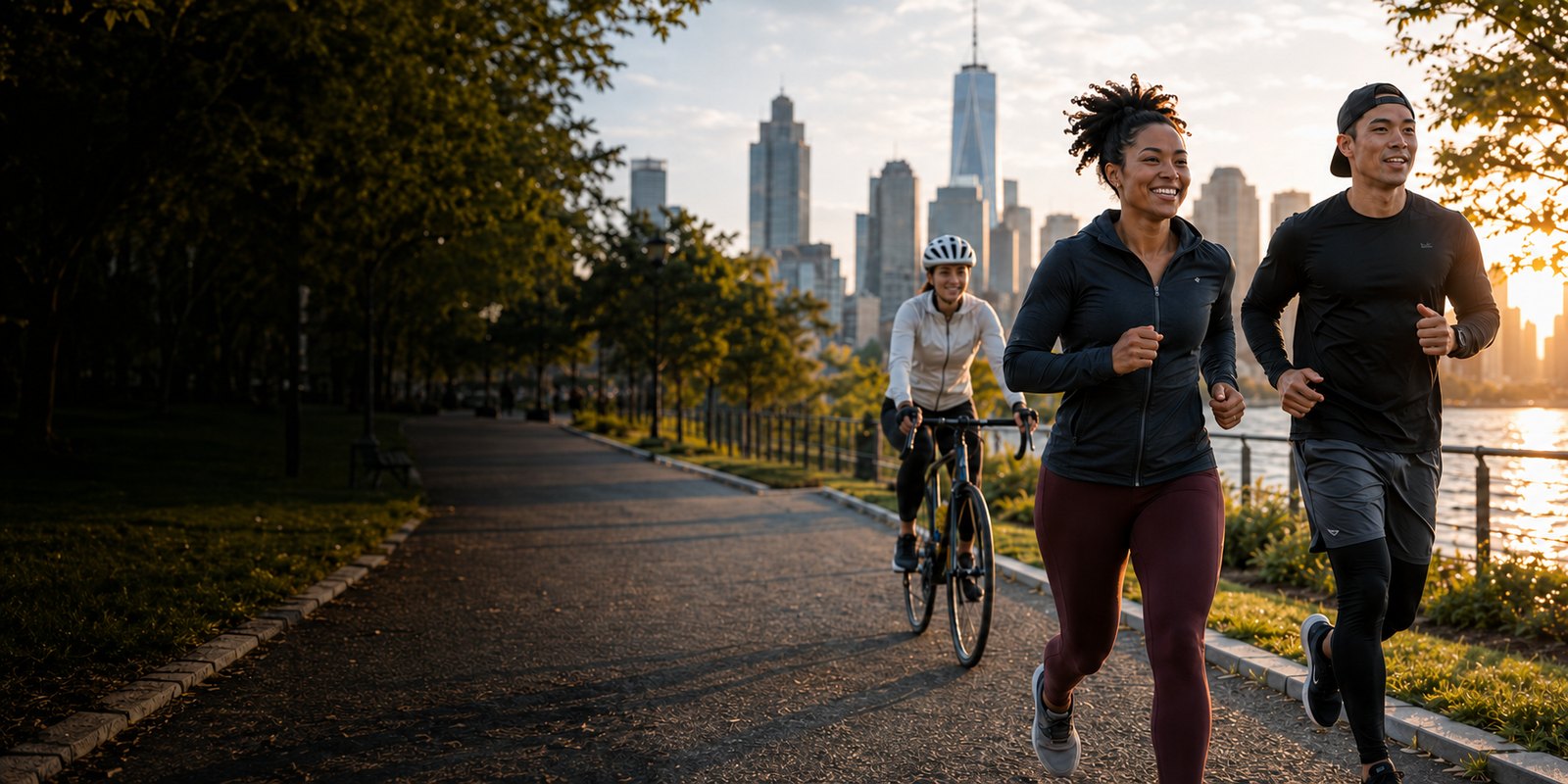 Everyday athletes running together on a city trail