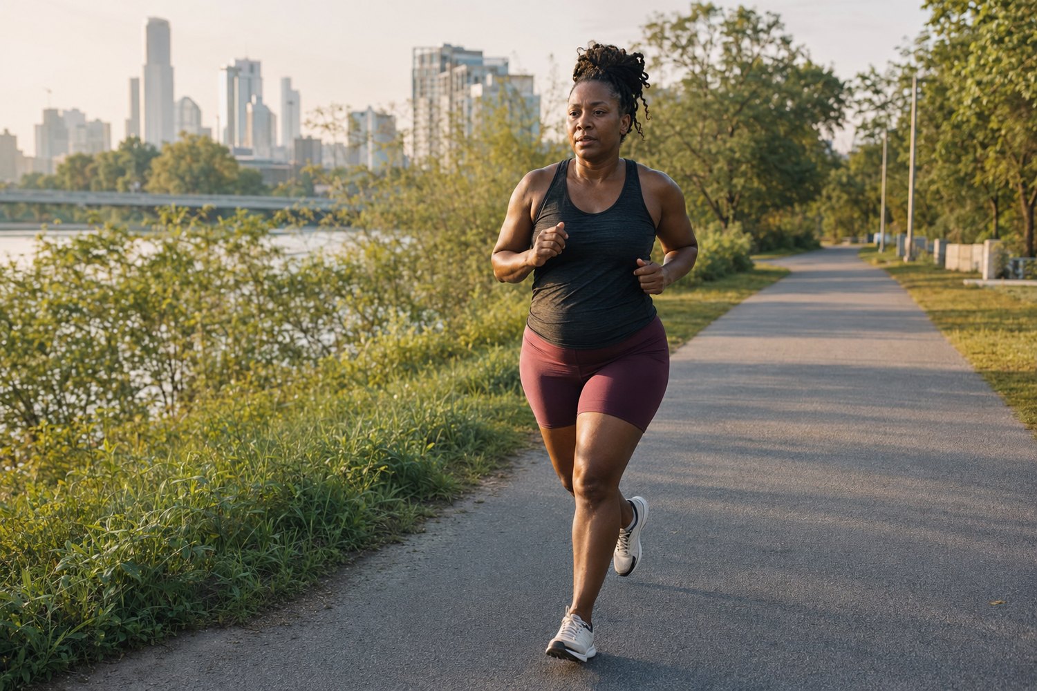 Runner on a city path at sunrise