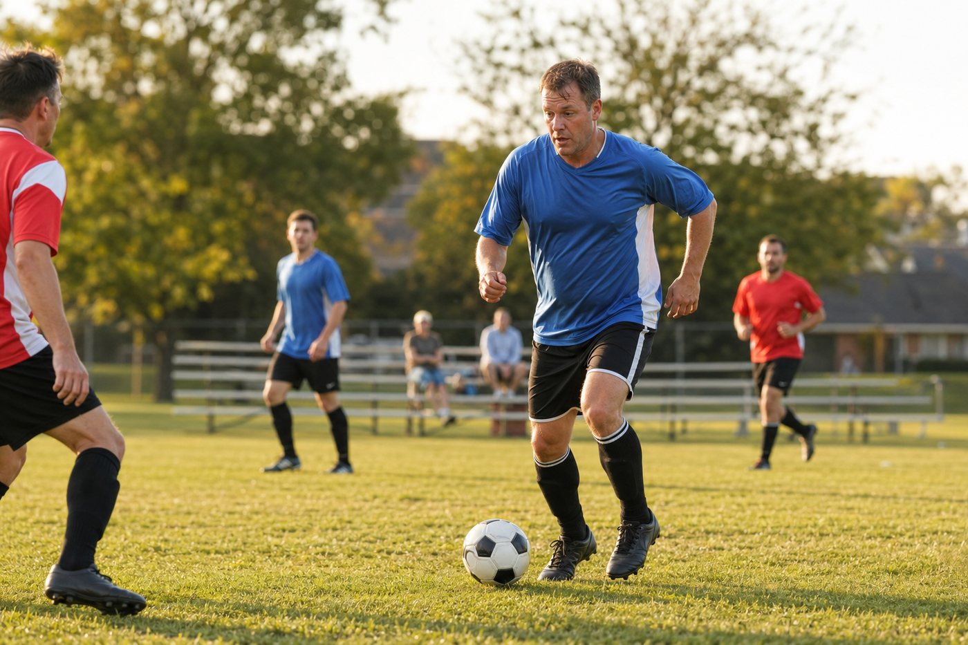 Adults playing recreational soccer
