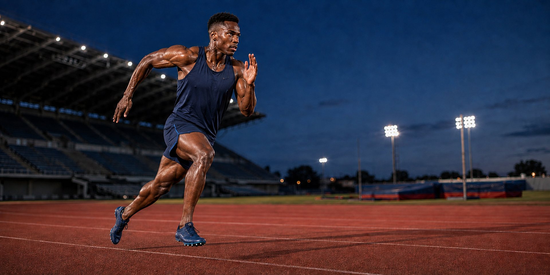Sprinter accelerating on a floodlit track