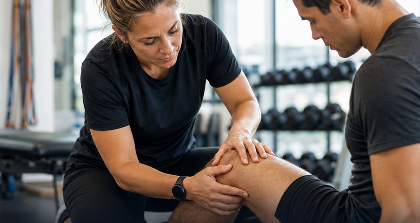 Athletic trainer working with an athlete in a training room
