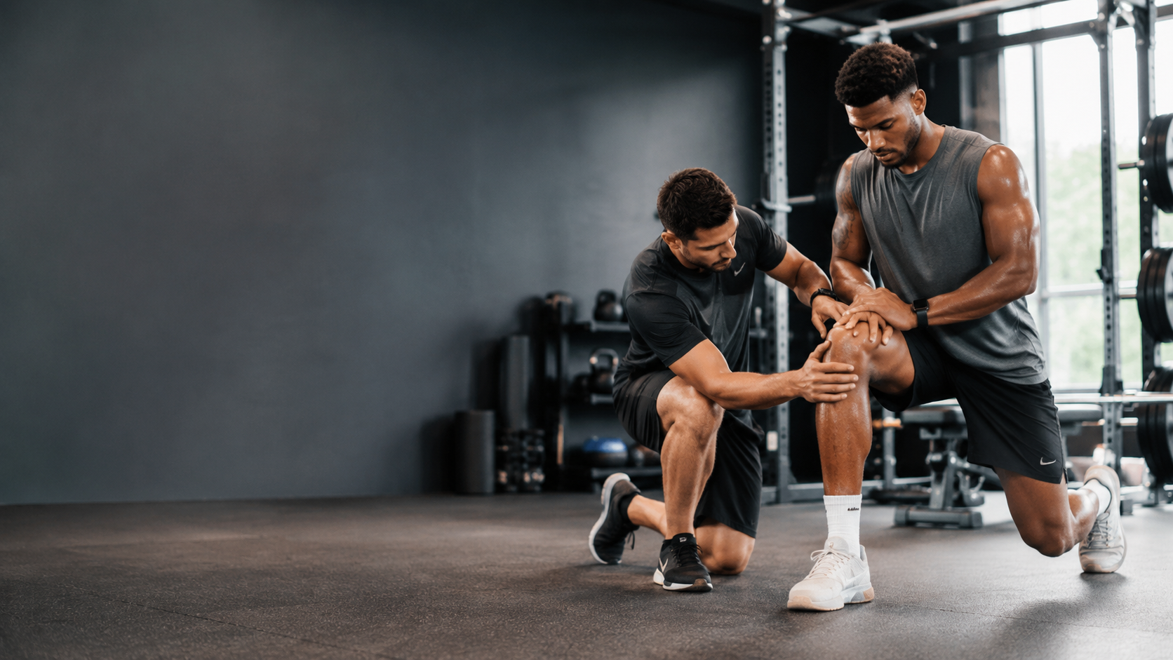 Athletic trainer assessing an athlete's knee in a training room