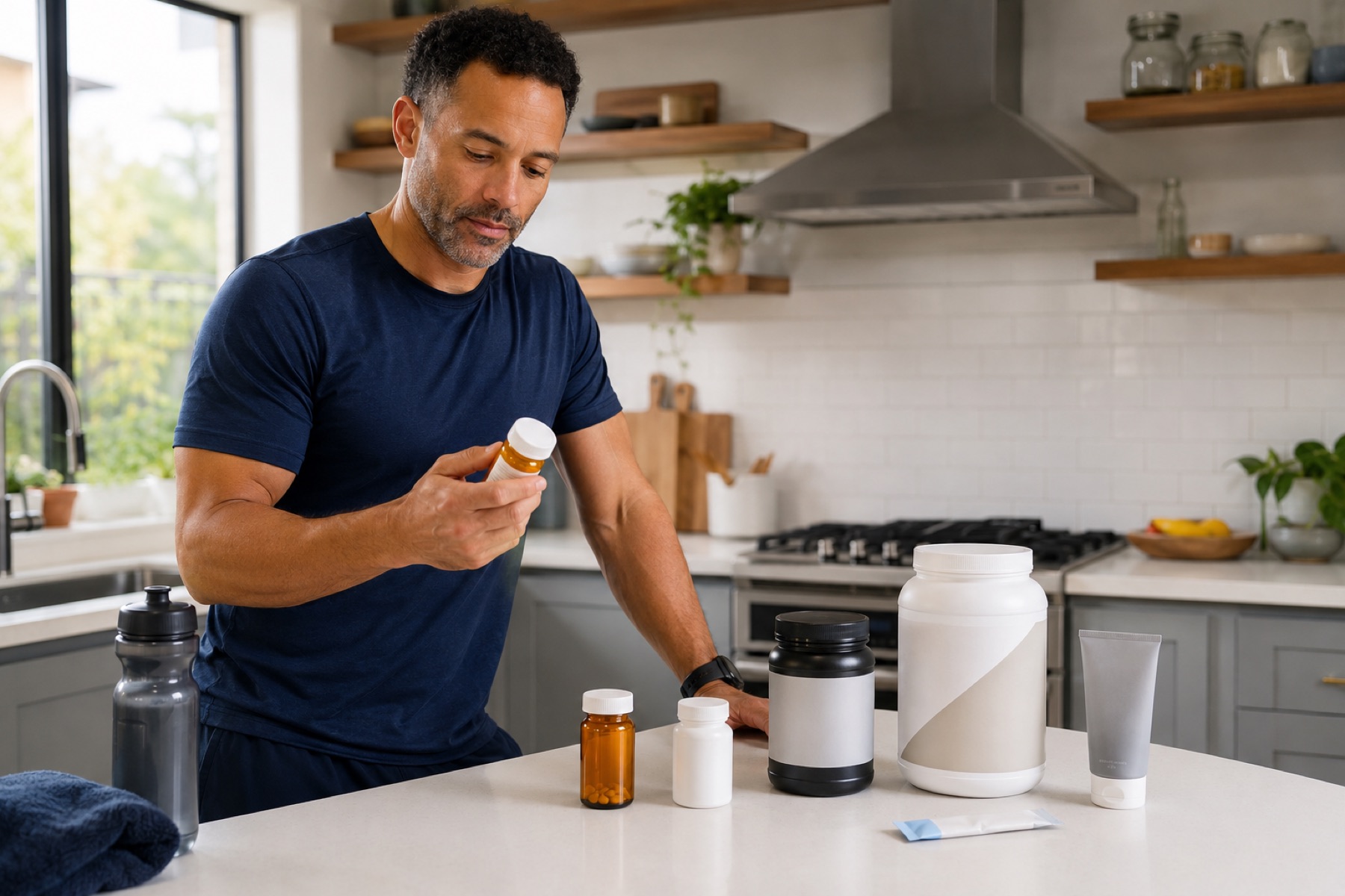 Athlete reviewing several medication and supplement containers